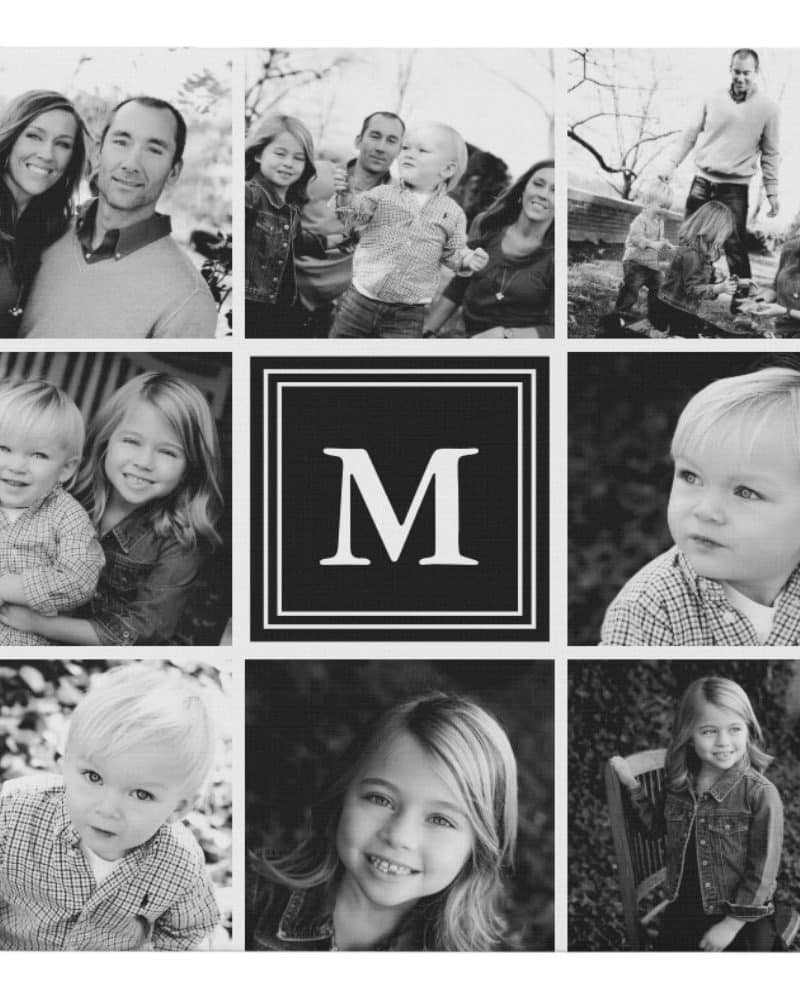 Black and white photo collage featuring a family portrait and individual photos of children, with a central monogram "M".