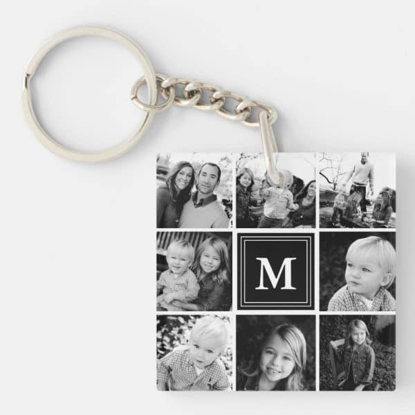 Black And White Family Photo Collage Keychain With A Central Monogram.