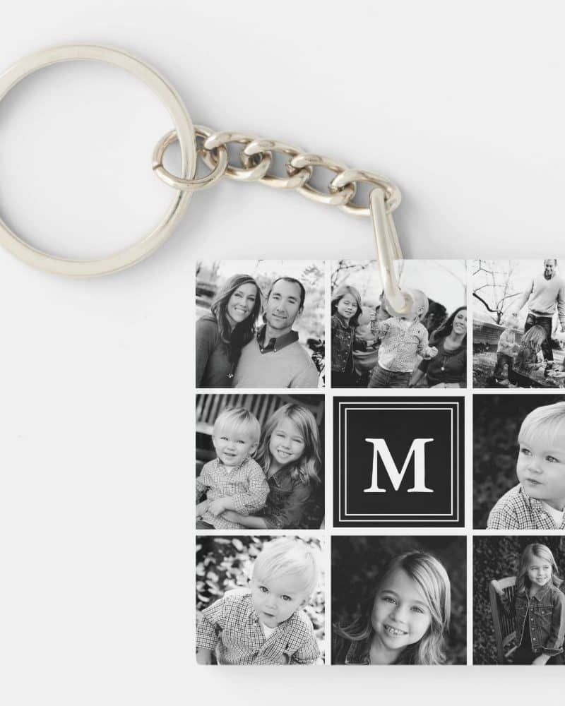 Black and white family photo collage keychain with a central monogram.