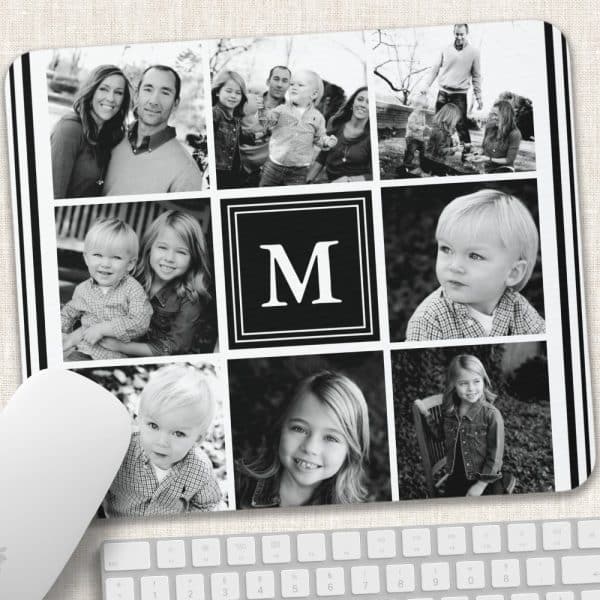 Black And White Family Photo Collage Mousepad Featuring A Central Monogram.