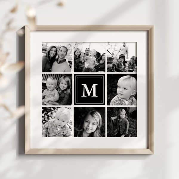 Black And White Family Photo Collage In A Light Wood Frame, Featuring A Central Monogram.