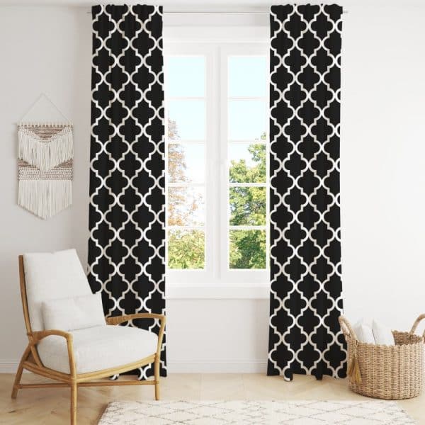 Black And White Geometric Patterned Curtains Hanging In Front Of A Window.