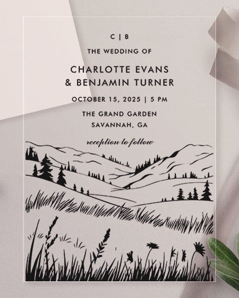 Clear wedding invitation with black ink illustration of a mountainous landscape and wedding details.
