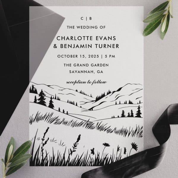 Wedding Invitation With Black And White Illustration Of Rolling Hills, Trees, And Wildflowers.