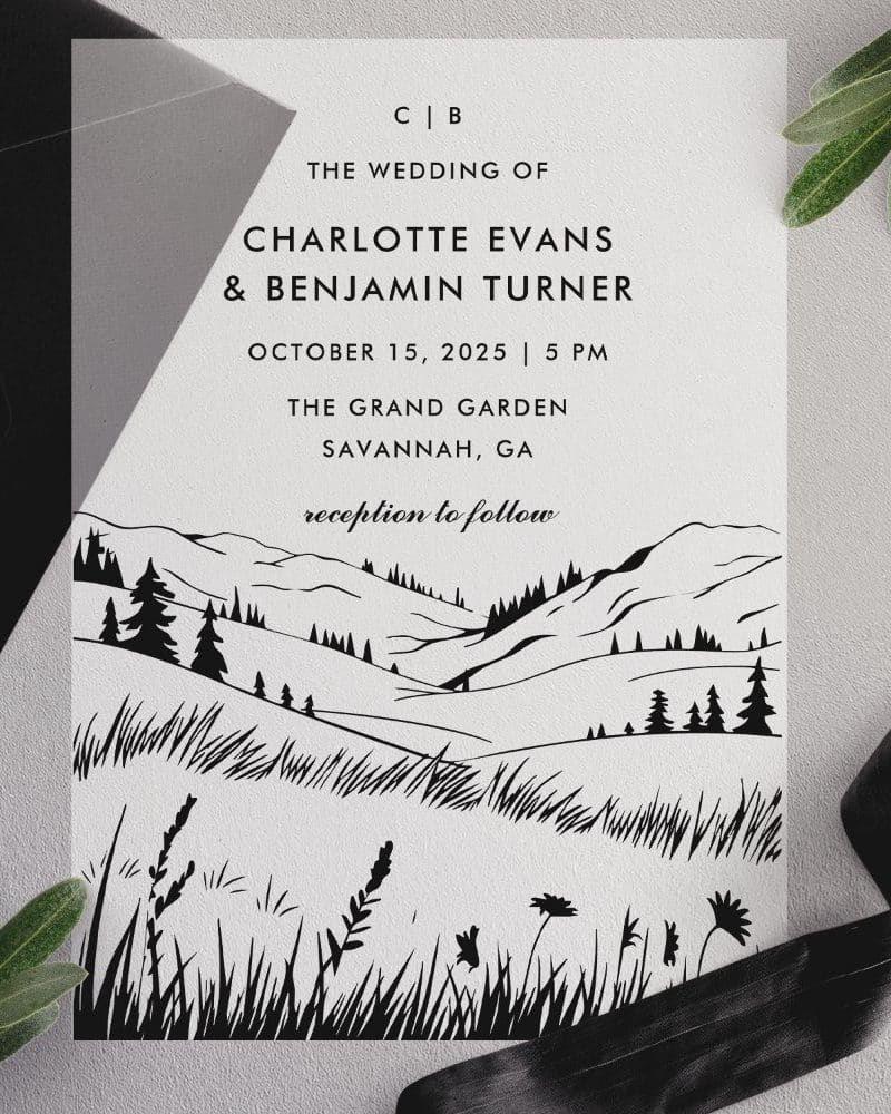 Wedding invitation with black and white illustration of rolling hills, trees, and wildflowers.