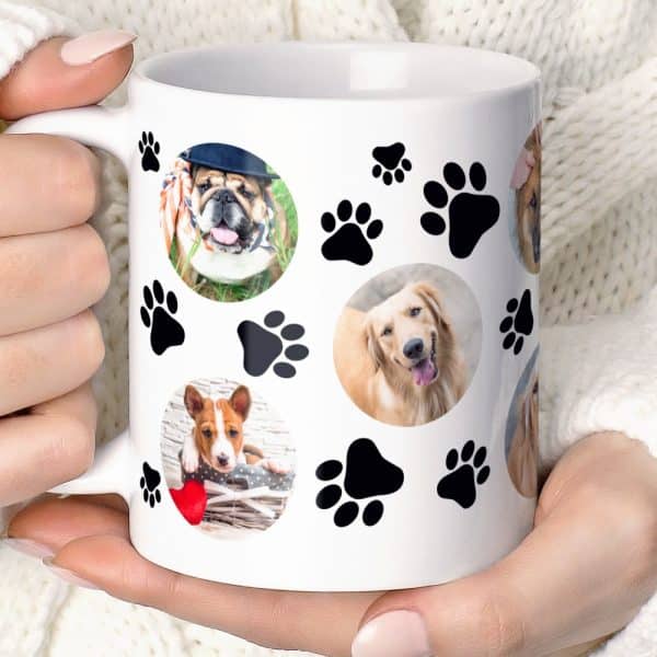 White Coffee Mug Featuring Multiple Photos Of Dogs And Paw Prints.