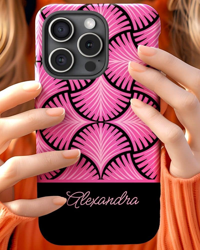 Pink phone case with black art deco pattern and the name Alexandra.