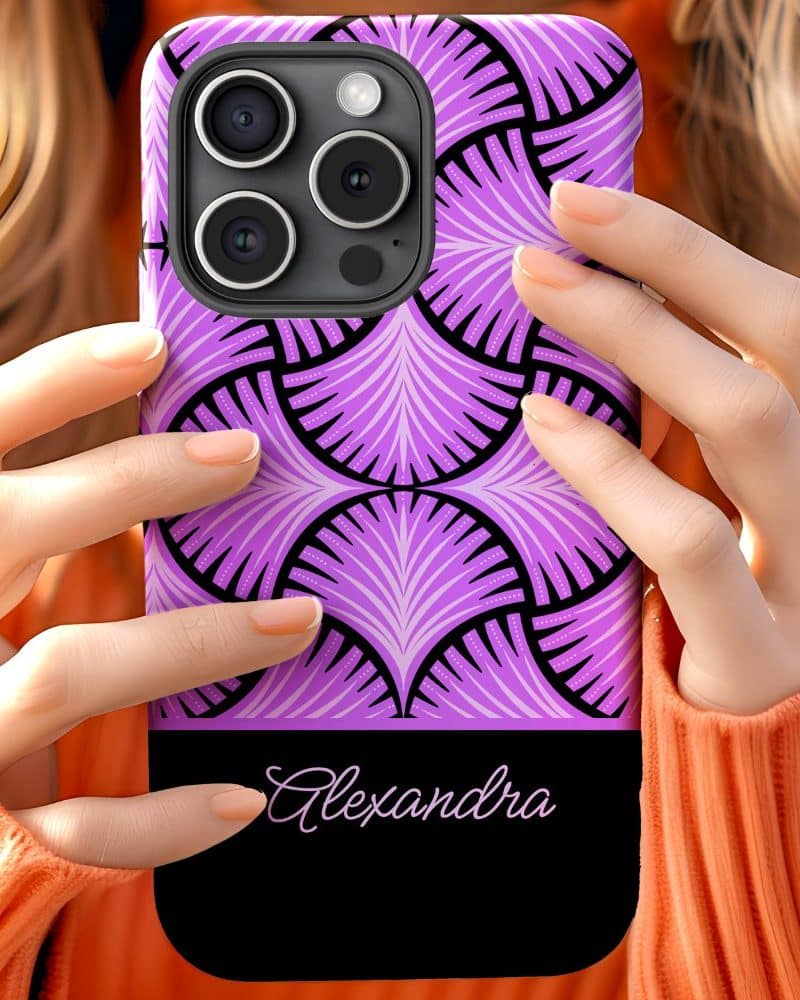 Purple phone case with black geometric design and the name Alexandra.