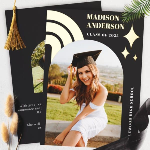 Graduation Announcement Featuring Madison Anderson, Class Of 2025, Lewood High School. She Is Pictured In A White Dress And Cap And Gown.
