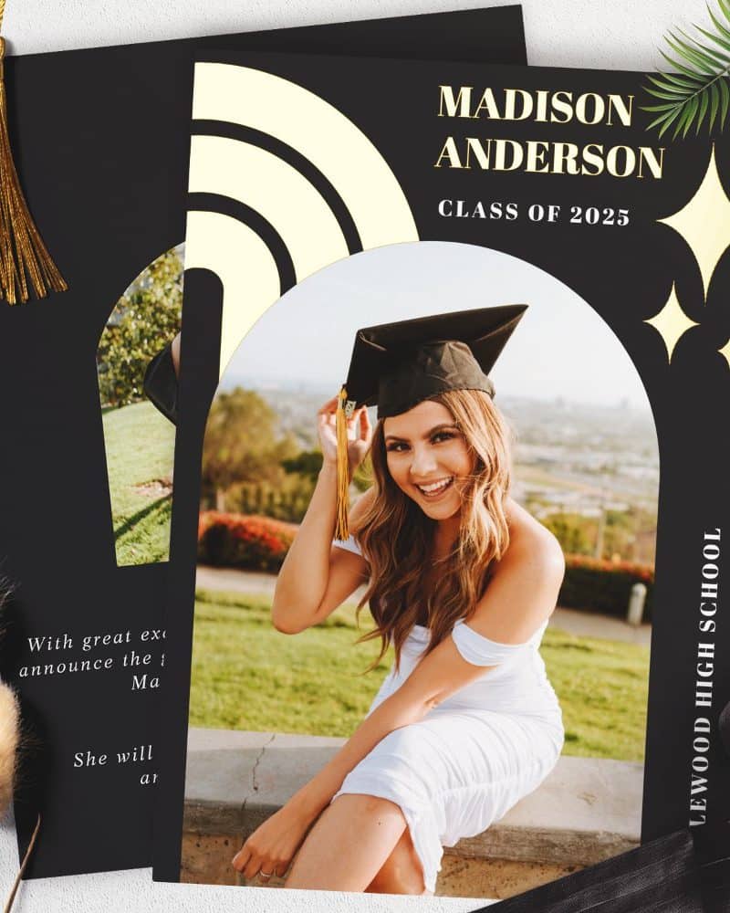 Graduation announcement featuring Madison Anderson, Class of 2025, Lewood High School. She is pictured in a white dress and cap and gown.