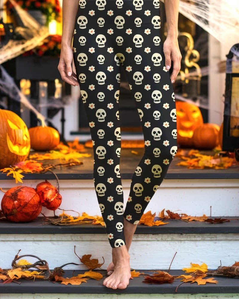 Black leggings with a pattern of skulls and flowers.