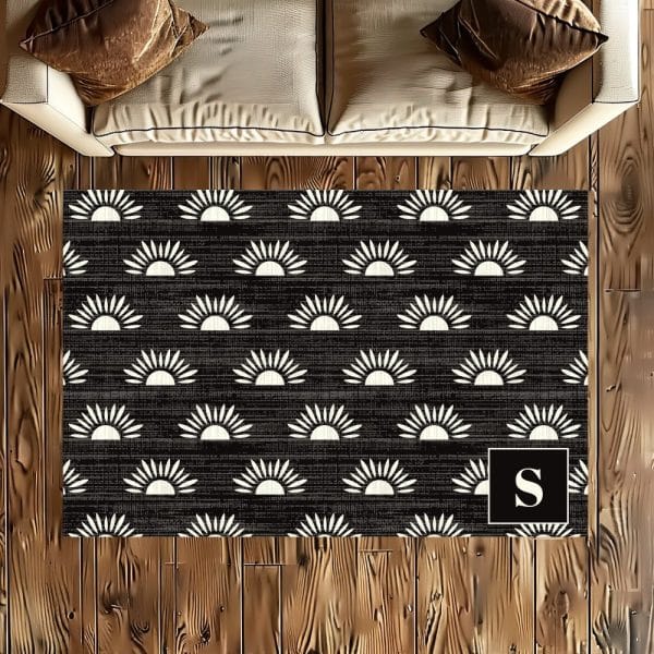 Black And White Rug With A Repeating Sun Pattern And A Monogrammed Initial S In The Bottom Right Corner.