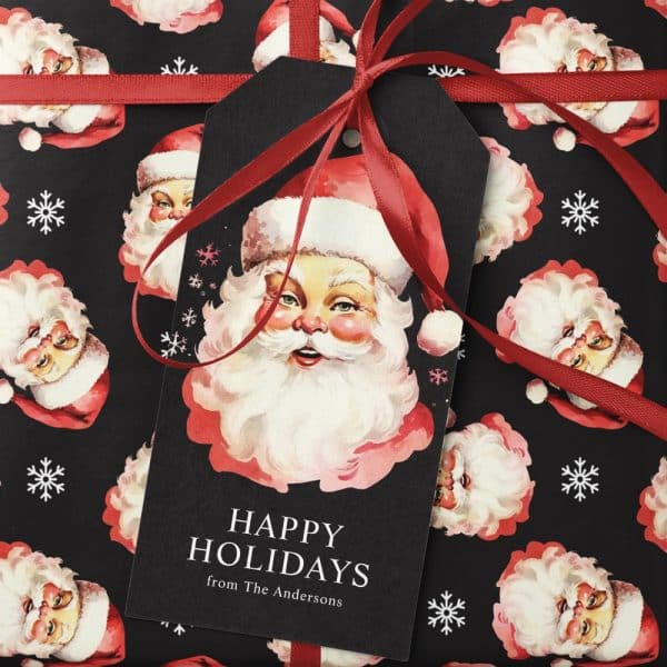 Gift Tag With A Vintage Santa Claus Illustration And Happy Holidays Greeting.