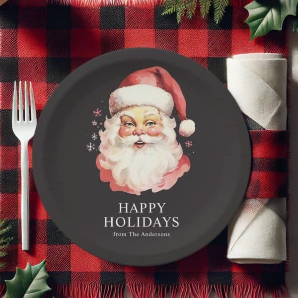 Dark-Colored Paper Plate Featuring A Vintage Illustration Of Santa Claus, With The Text Happy Holidays From The Andersons.