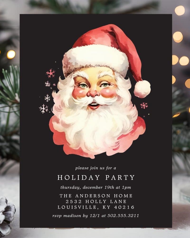 Black holiday party invitation featuring a vintage illustration of Santa Claus's face.