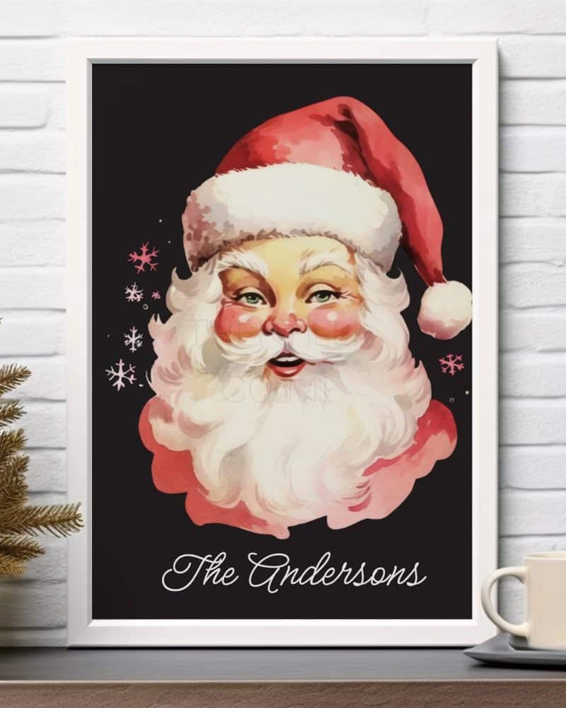 Framed watercolor painting of Santa Claus's face, with the name Andersons below.