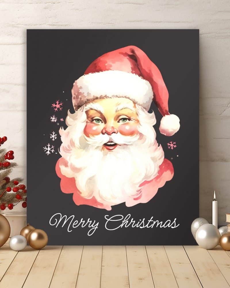 A vintage-style illustration of Santa Claus's face, with the words Merry Christmas below.