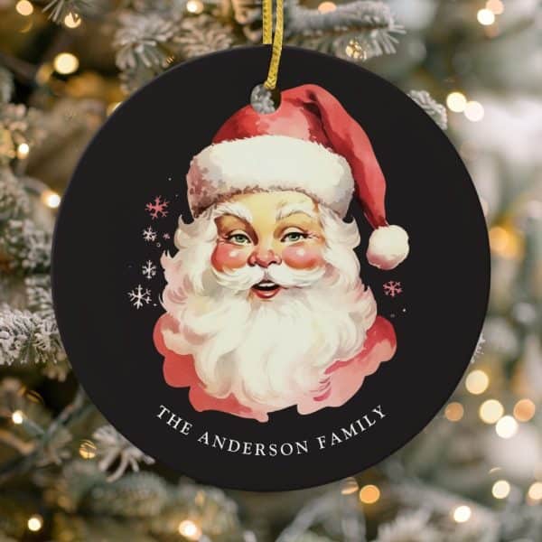 Round Christmas Ornament Featuring A Vintage Illustration Of Santa Claus, With The Text The Anderson Family.