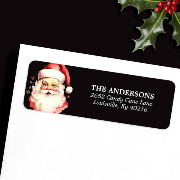 Black Return Address Label With A Vintage Santa Claus Illustration And The Andersons Family Name And Address.