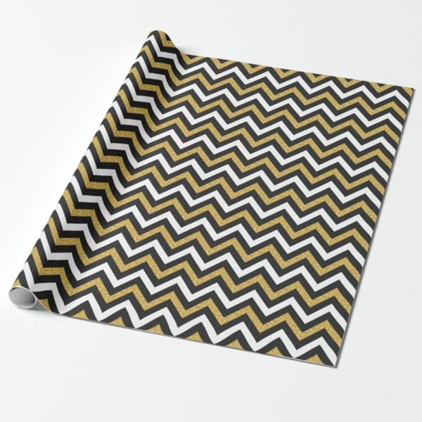 Black And Gold Glitter Chevron Patterned Wrapping Paper.