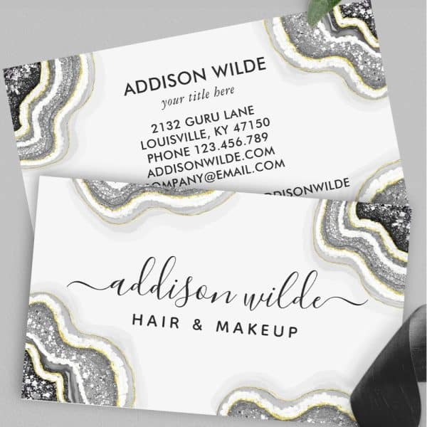 Two Business Cards Featuring A Silver And Black Agate Design. The Cards Display The Name Addison Wilde And Her Profession, Hair And Makeup.