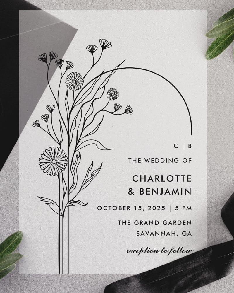 Wedding invitation with simple line drawing of flowers and an arch.