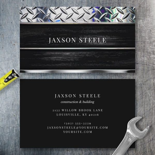 Jaxson Steele Construction And Building Business Card With Metallic And Wood Textures.
