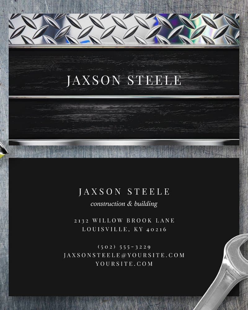 Jaxson Steele construction and building business card with metallic and wood textures.