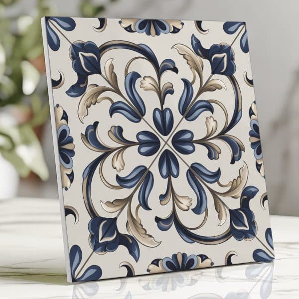 Square Tile With A Blue And Beige Floral Pattern.