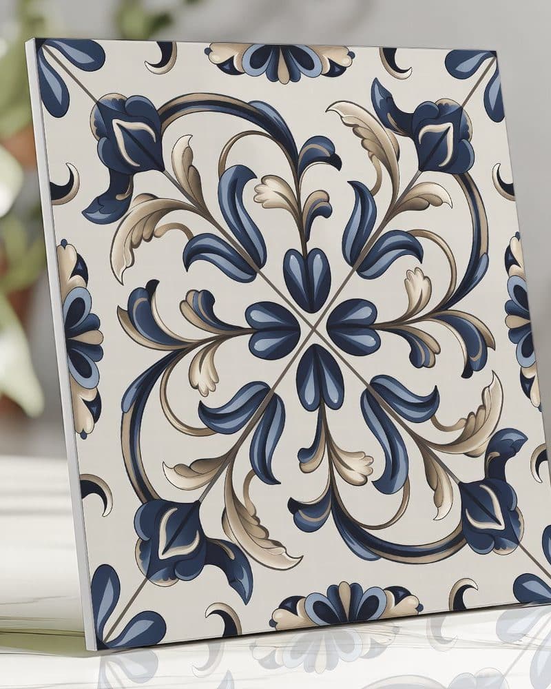 Square tile with a blue and beige floral pattern.