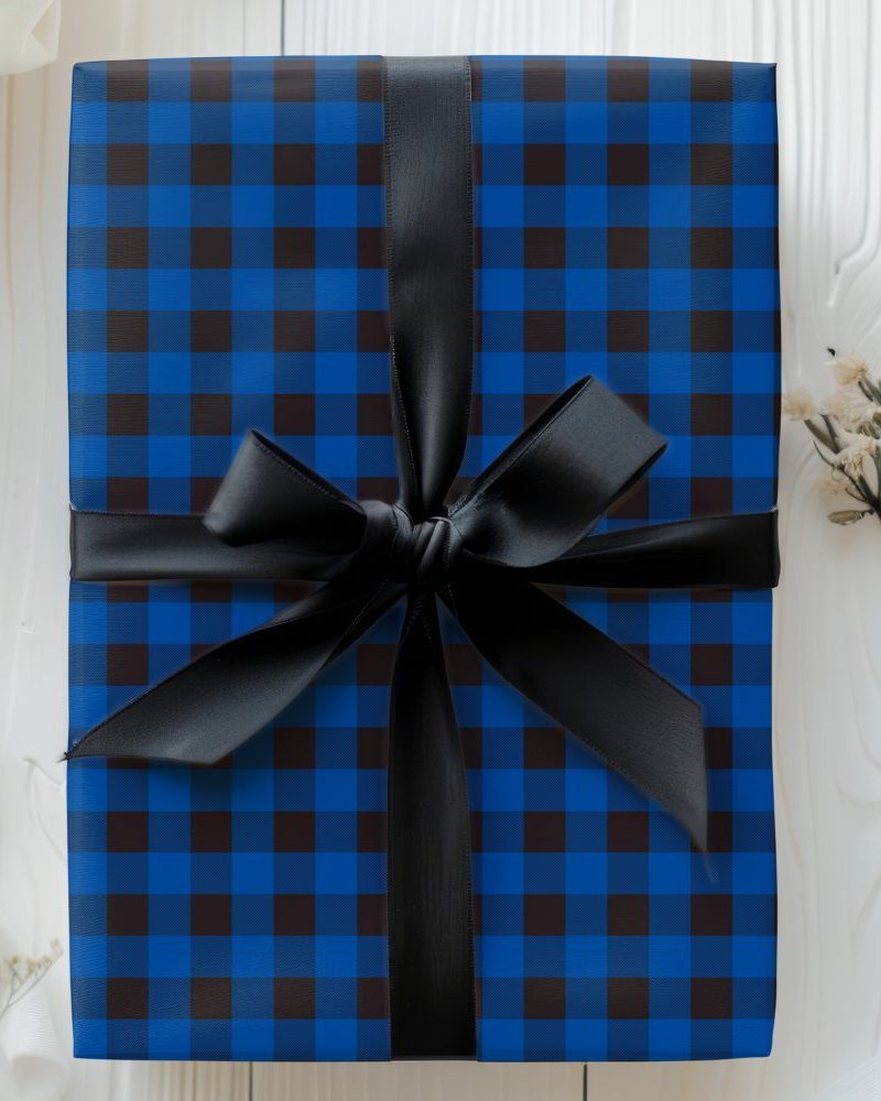 Blue and black checkered gift box with a black ribbon bow.