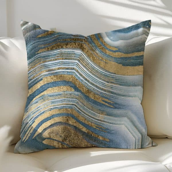 Blue And Gold Abstract Patterned Throw Pillow.