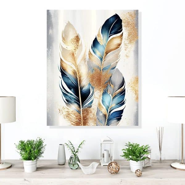 Abstract Painting Of Three Stylized Feathers In Gold And Blue Tones.