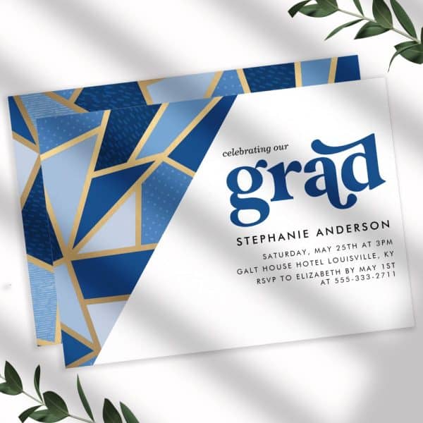 Graduation Invitation For Stephanie Anderson With A Blue And Gold Geometric Design.