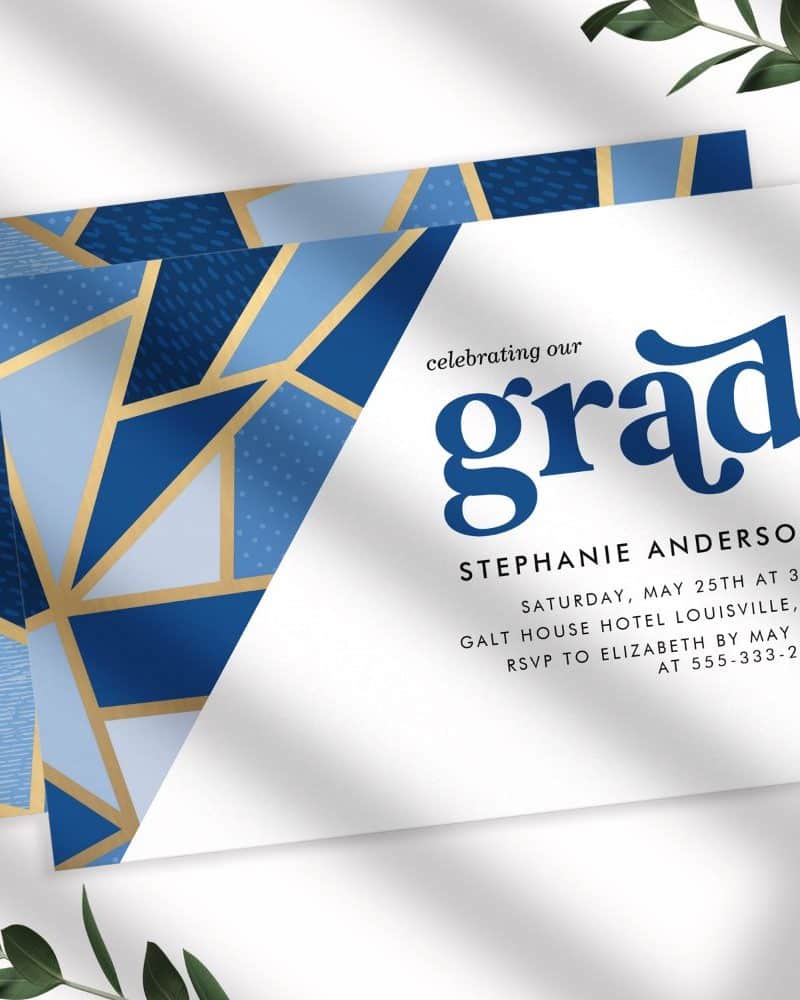 Graduation invitation for Stephanie Anderson with a blue and gold geometric design.