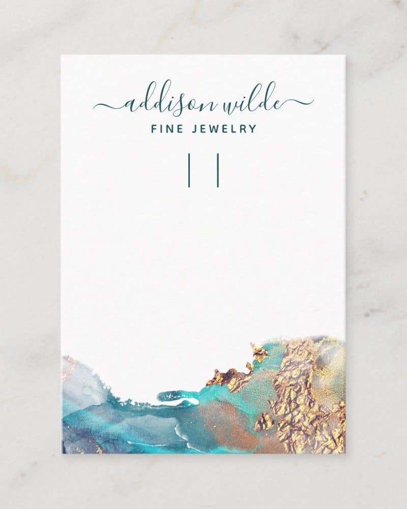 Addison Wilde Fine Jewelry business card with teal and gold abstract watercolor design.