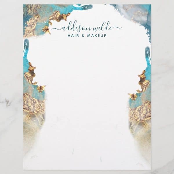 White Stationery With Teal And Gold Abstract Watercolor Design And Addison Wilde Hair &Amp; Makeup Text.