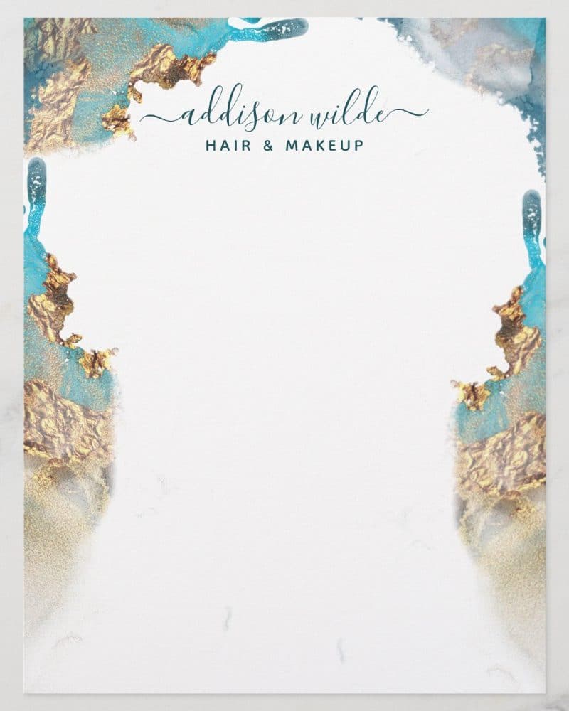 White stationery with teal and gold abstract watercolor design and Addison Wilde Hair & Makeup text.