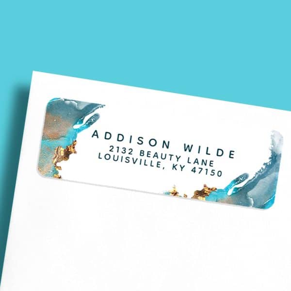 Return Address Label With Teal And Gold Abstract Design, Addison Wilde, 2132 Beauty Lane, Louisville, Ky 47150.