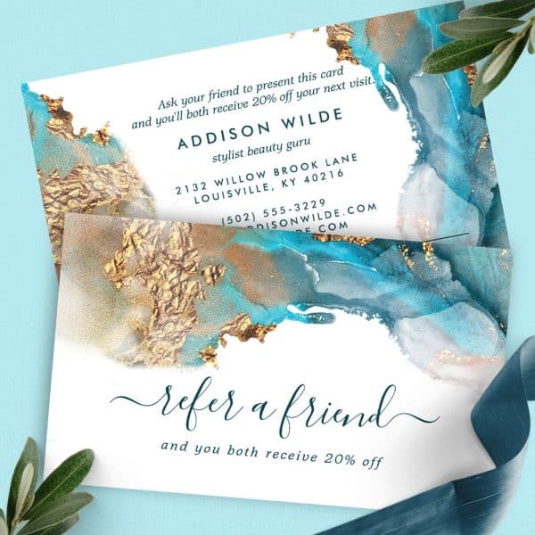 Refer A Friend Card With Teal And Gold Watercolor Design; 20% Discount Offered.