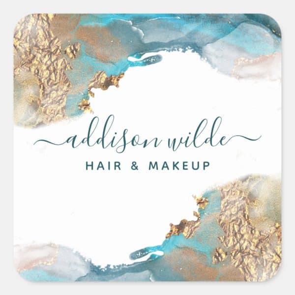 Addison Wilde Hair &Amp; Makeup Logo With Teal And Gold Abstract Watercolor Design.