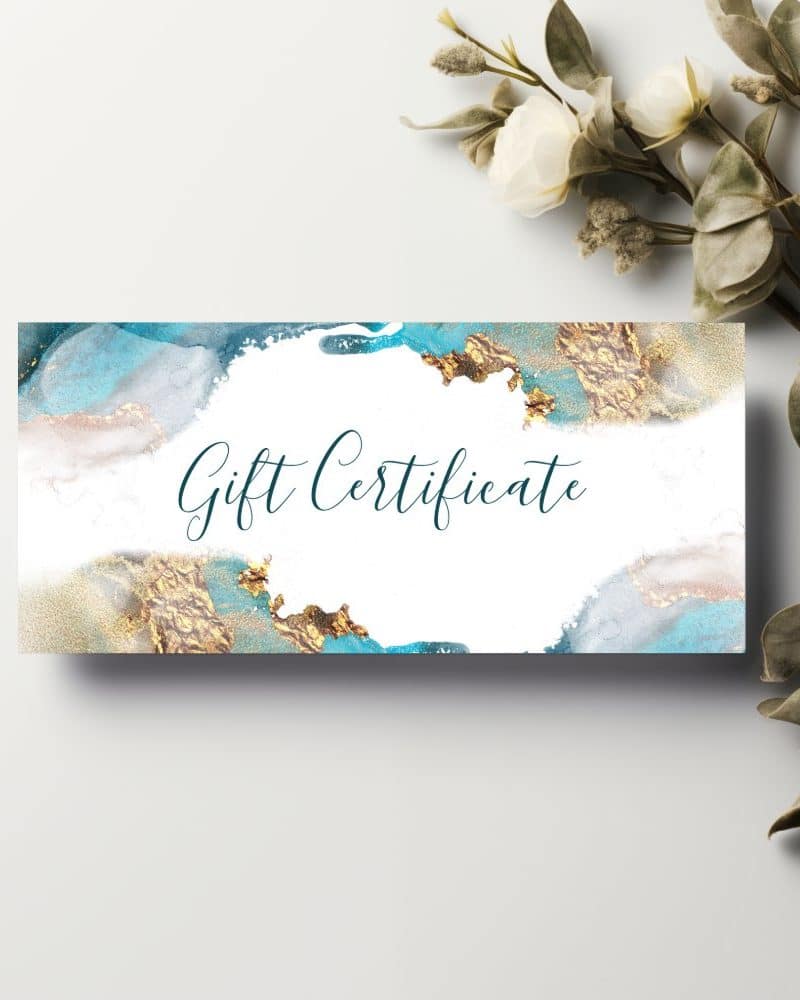 Gift certificate with teal and gold abstract design.
