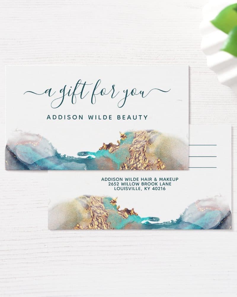 Gift certificate for Addison Wilde Beauty featuring teal and gold abstract art.