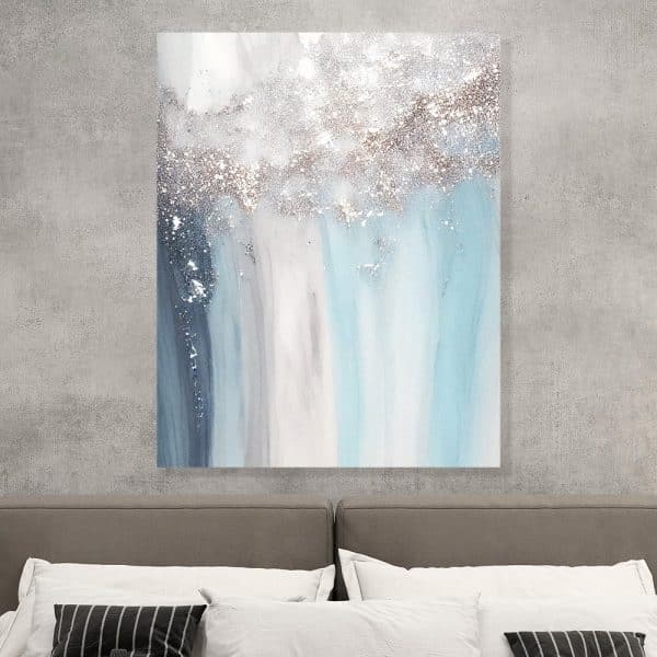 Abstract Painting In Shades Of Blue, Gray, And White With Silver Glitter Accents.