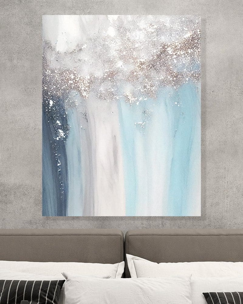 Abstract painting in shades of blue, gray, and white with silver glitter accents.