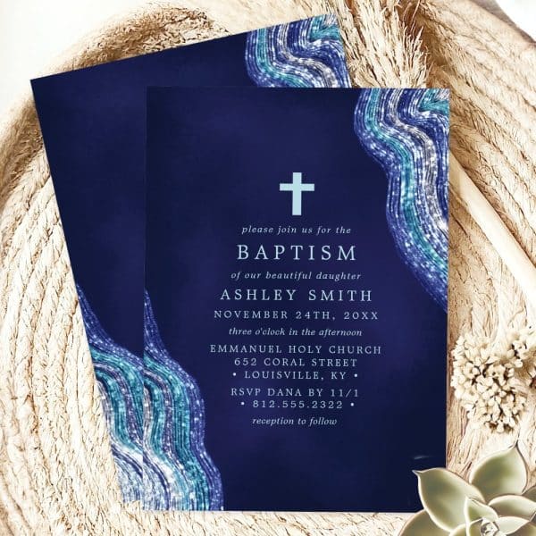 Baptism Invitation For Ashley Smith, Featuring A Dark Blue Background With Teal And Silver Wave Design.