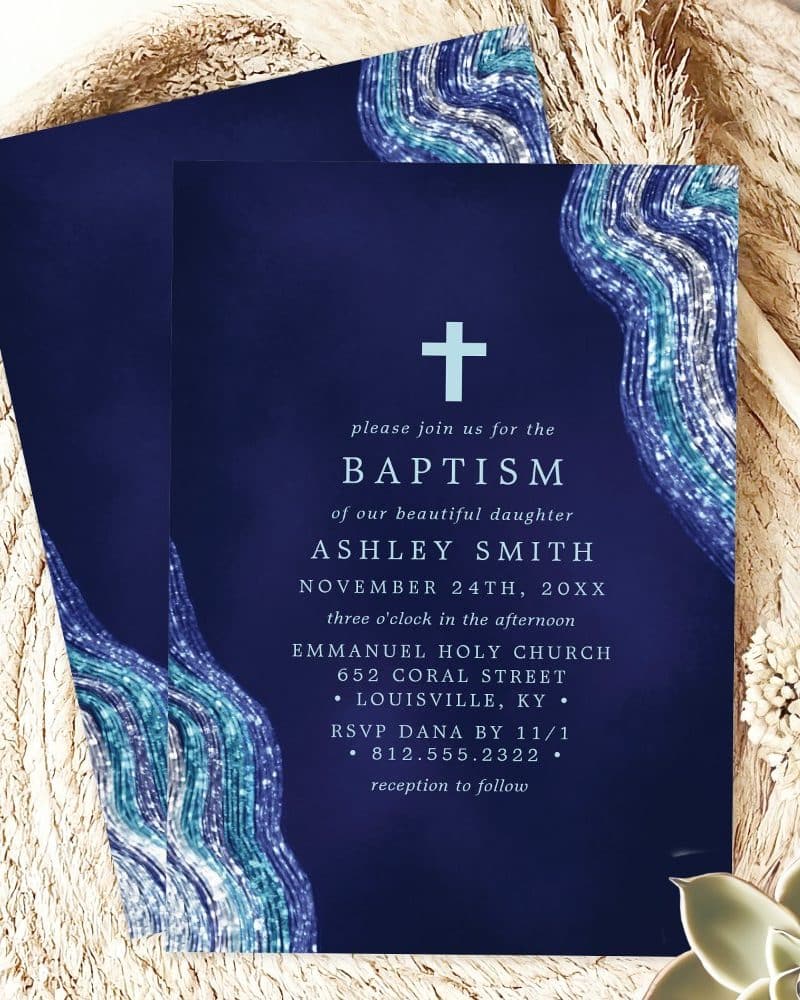 Baptism invitation for Ashley Smith, featuring a dark blue background with teal and silver wave design.
