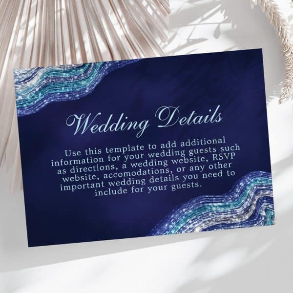 Navy Blue Wedding Details Card With Teal And Silver Wave Design.