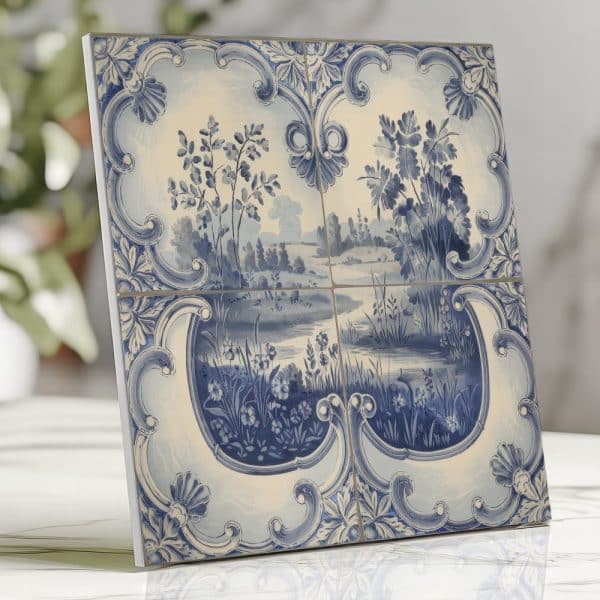 Blue And White Tile Depicting A Pastoral Landscape.