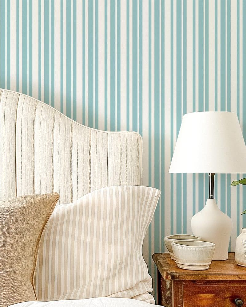 Beige headboard with pillows against a wall with vertical blue and white stripes.